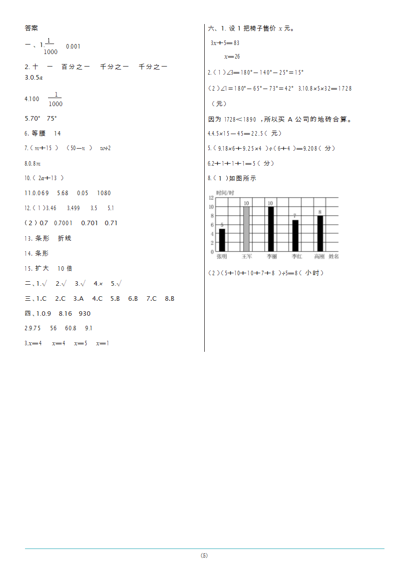 北师大版数学四年级下册期末综合测试A卷（含答案）.doc第5页