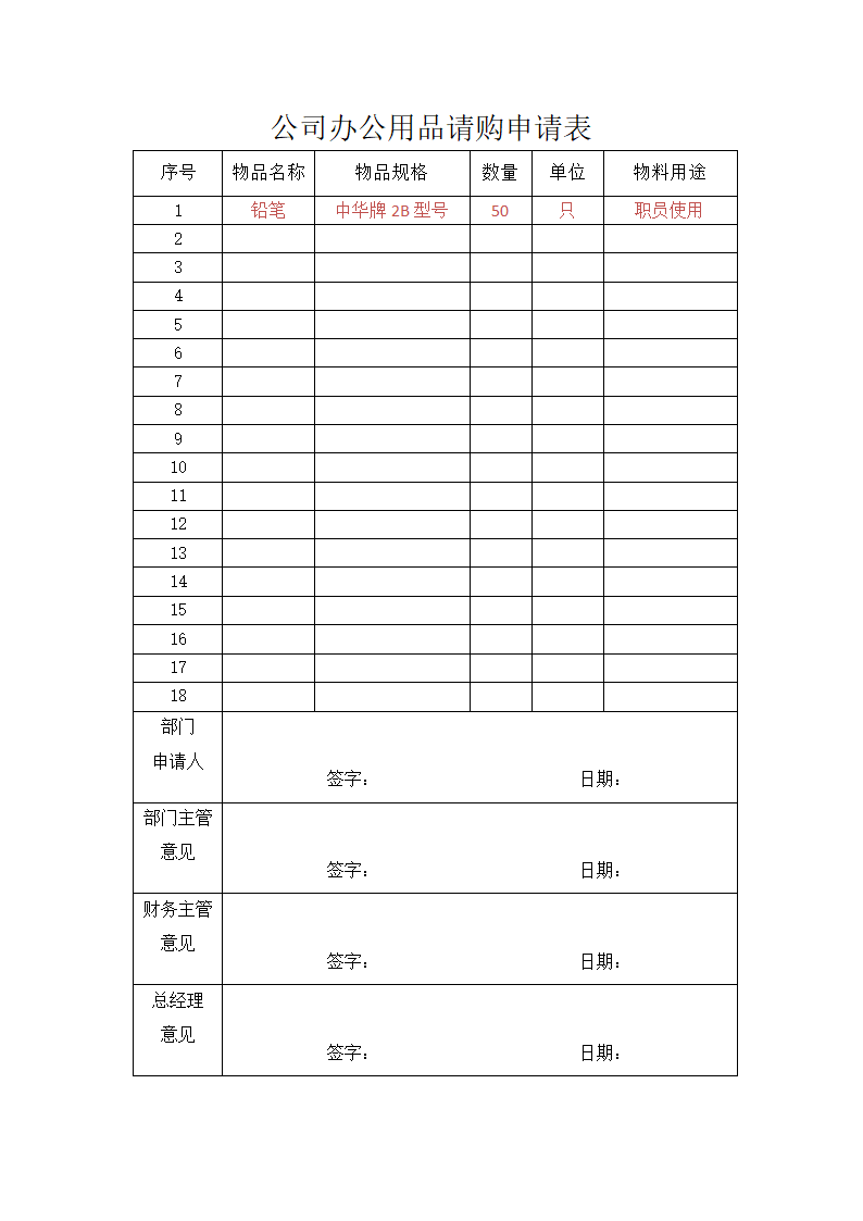 公司办公用品请购申请表word模板.docx