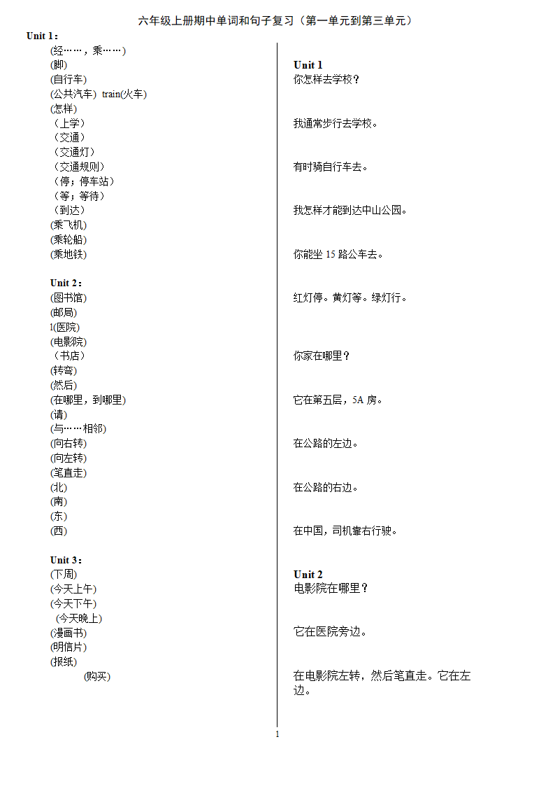 人教版PEP六年级上册英语期中UNIT1-UNIT3单词和句型测试题_复习题第一单元到第三单元.doc第1页