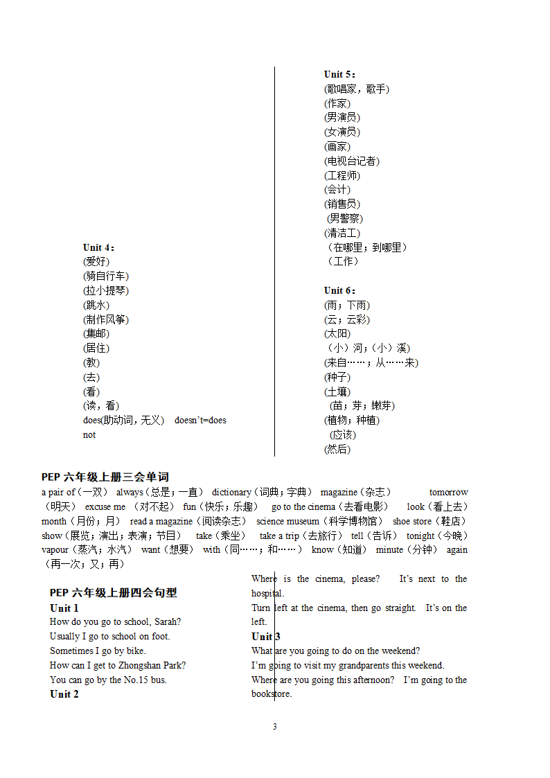 人教版PEP六年级上册英语期中UNIT1-UNIT3单词和句型测试题_复习题第一单元到第三单元.doc第3页