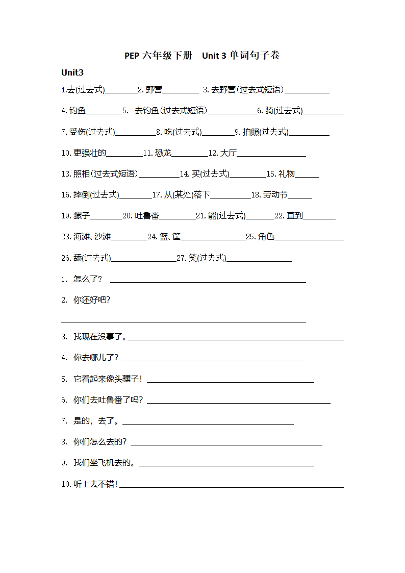 人教PEP版英语六年级下册 Unit 1 - Unit 4 单词句子默写（无答案）.doc第3页