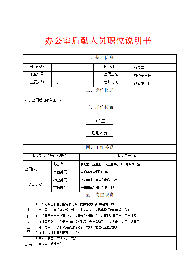 人资规划-办公室后勤人员职位说明书.doc第1页