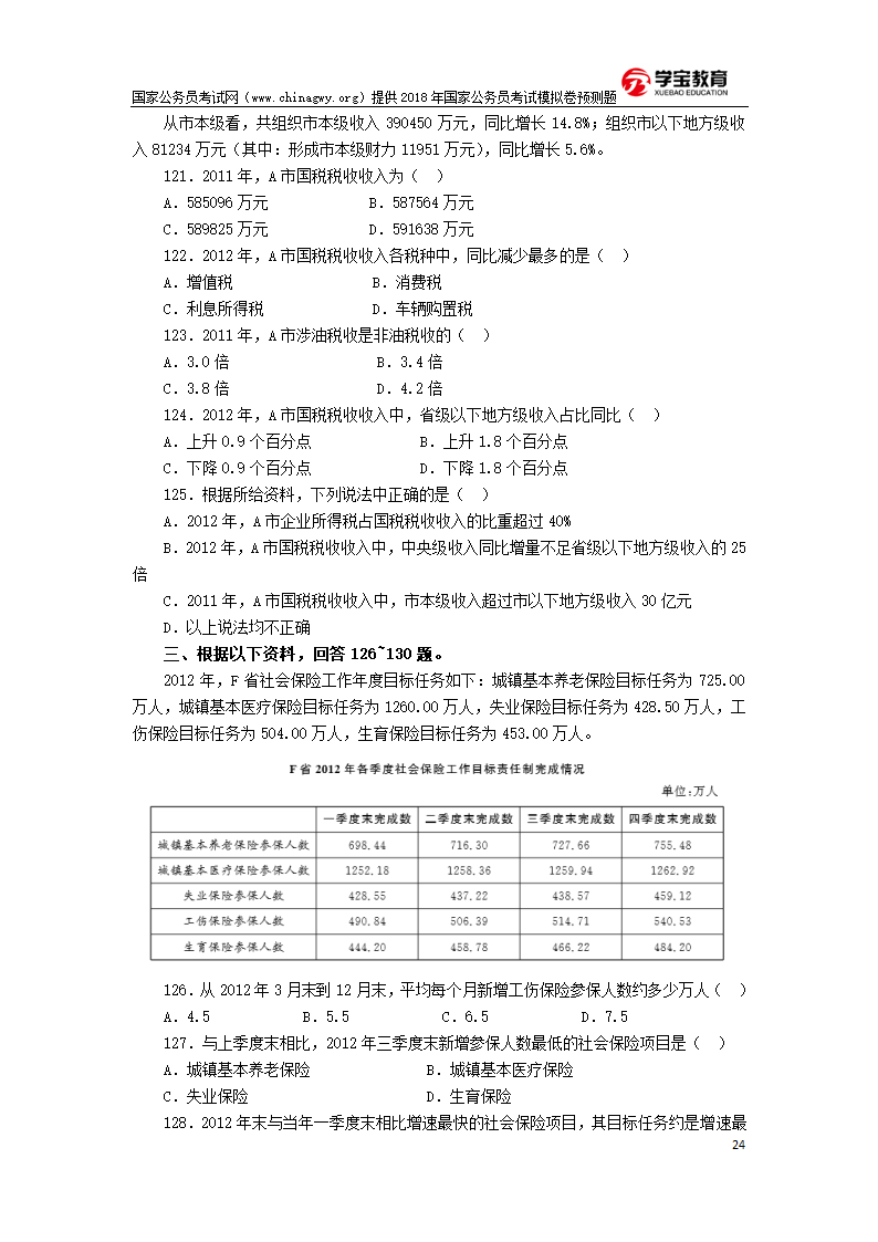 2018年国家公务员考试行测模拟题第24页