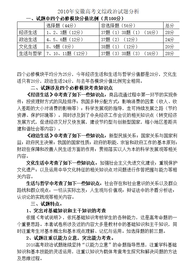 2010年高考安徽卷文综政治题及参考答案第5页