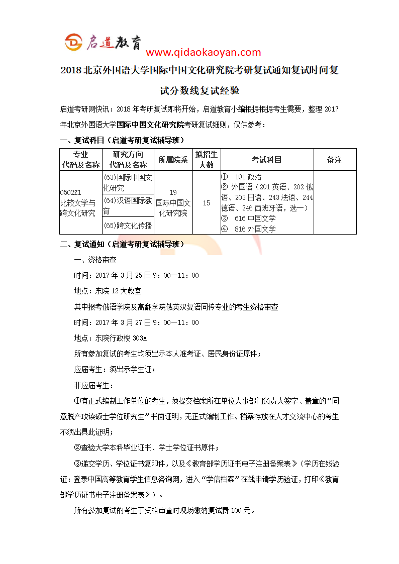 2018北京外国语大学国际中国文化研究院考研复试通知复试时间复试分数线复试经验第1页