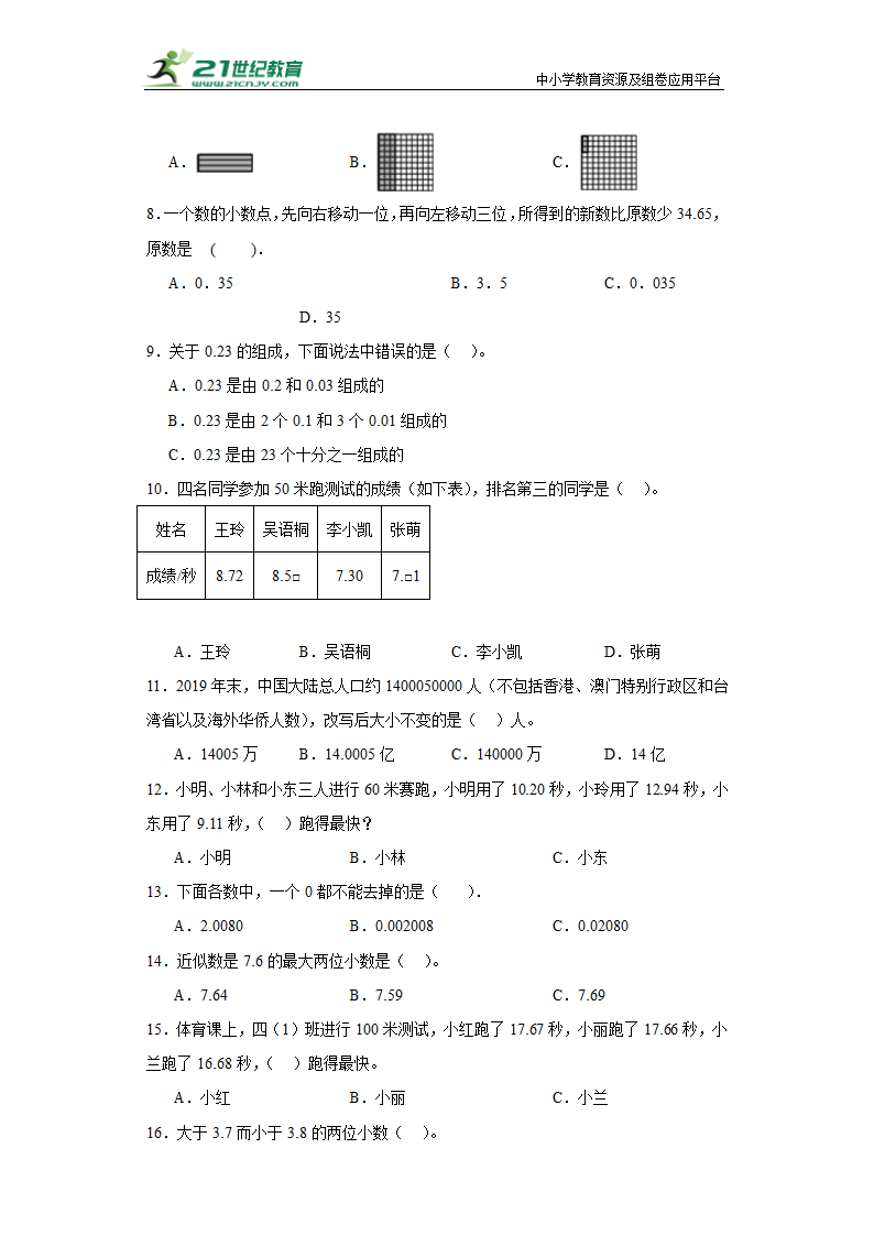 （学霸专项押题卷）第三单元小数的意义和性质选择题（提高）五年级上册数学常考易错题（苏教版）（含答案）.doc第2页