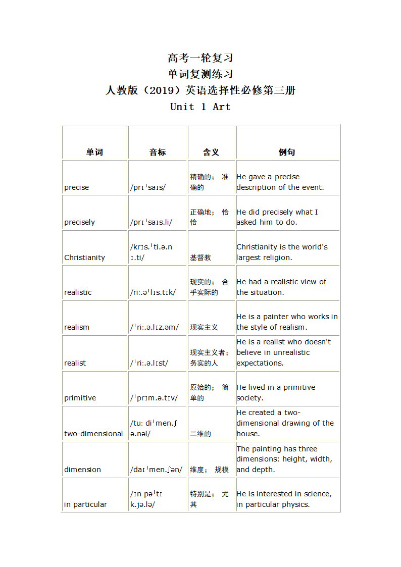 人教版（2019）选择性必修 第三册Unit 1 Art一轮复习单词复测练习（含答案）.doc第1页