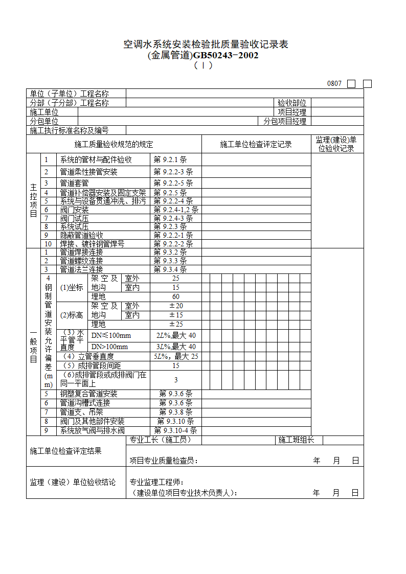 金属管道空调水系统安装检验批质量验收记录表Ⅰ.doc第1页