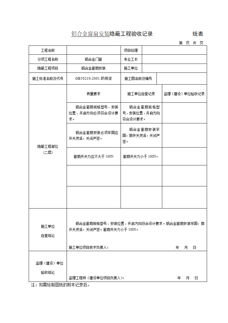 窗扇安装隐蔽工程验收记录.doc第2页