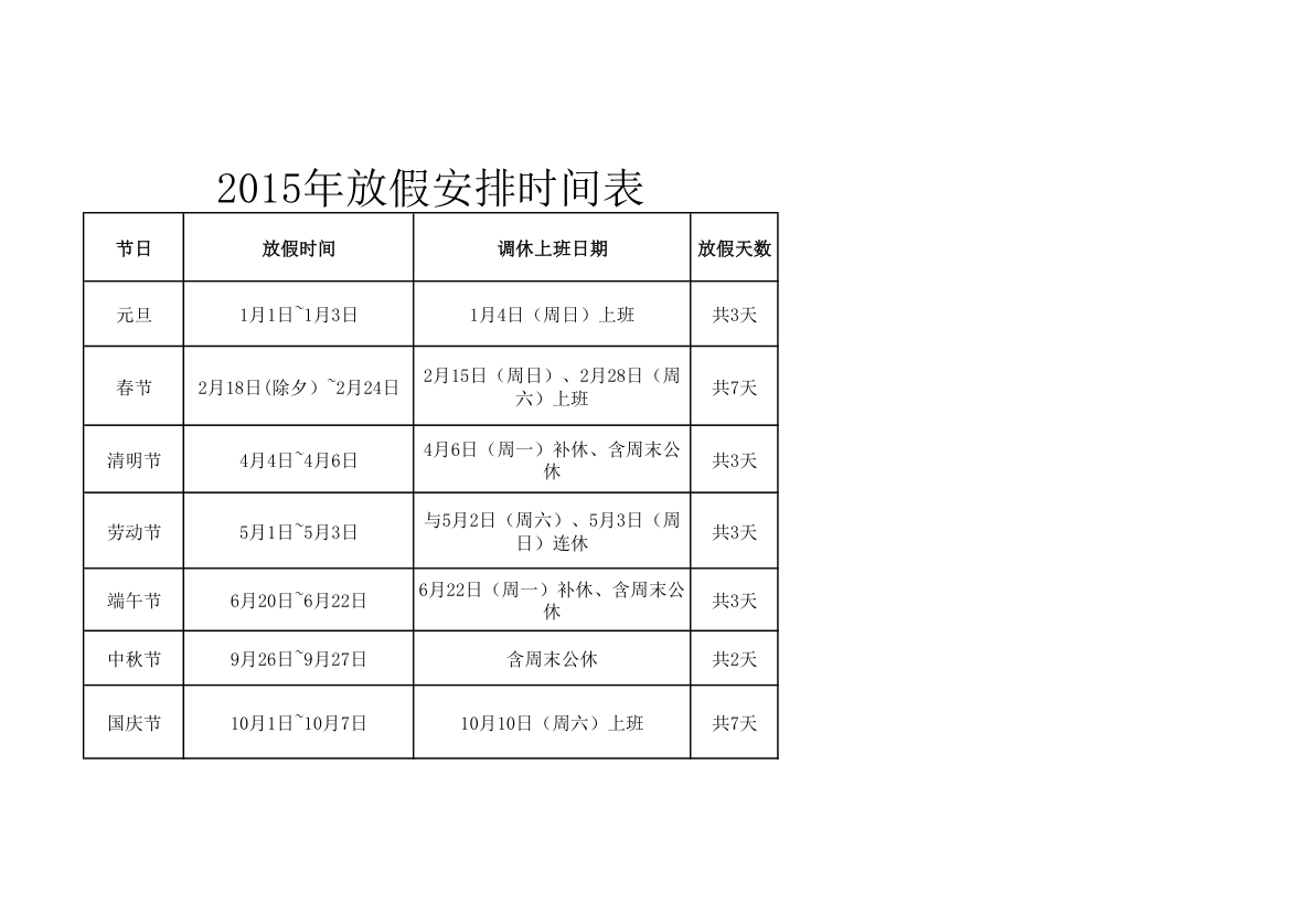 2015年放假安排时间表第1页