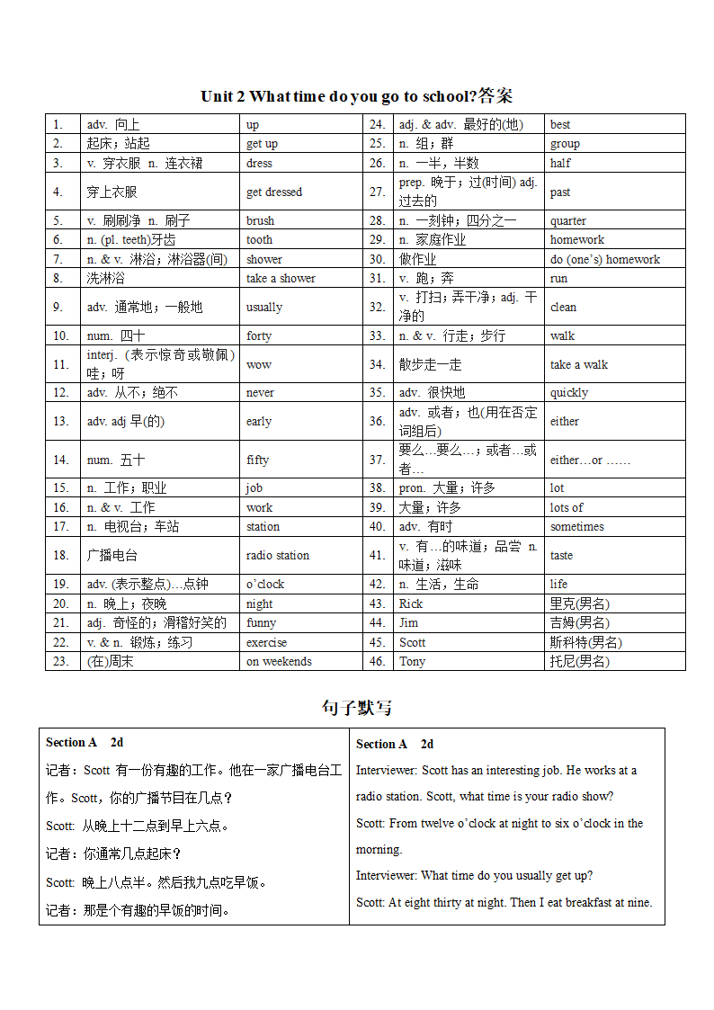 人教版七年级英语下册  Unit 2 What time do you go to school 单词默写表（含答案）.doc第3页