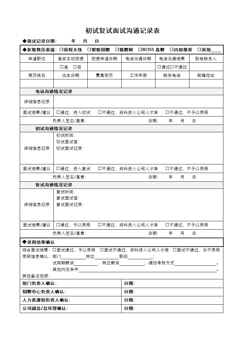 初试复试面试沟通记录表.docx第1页