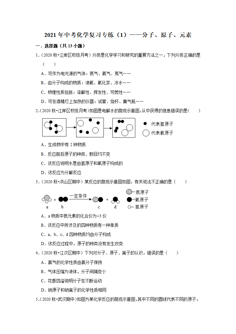 武汉2021年中考化学复习专练(1)分子、原子、元素(word版含解析)第1页