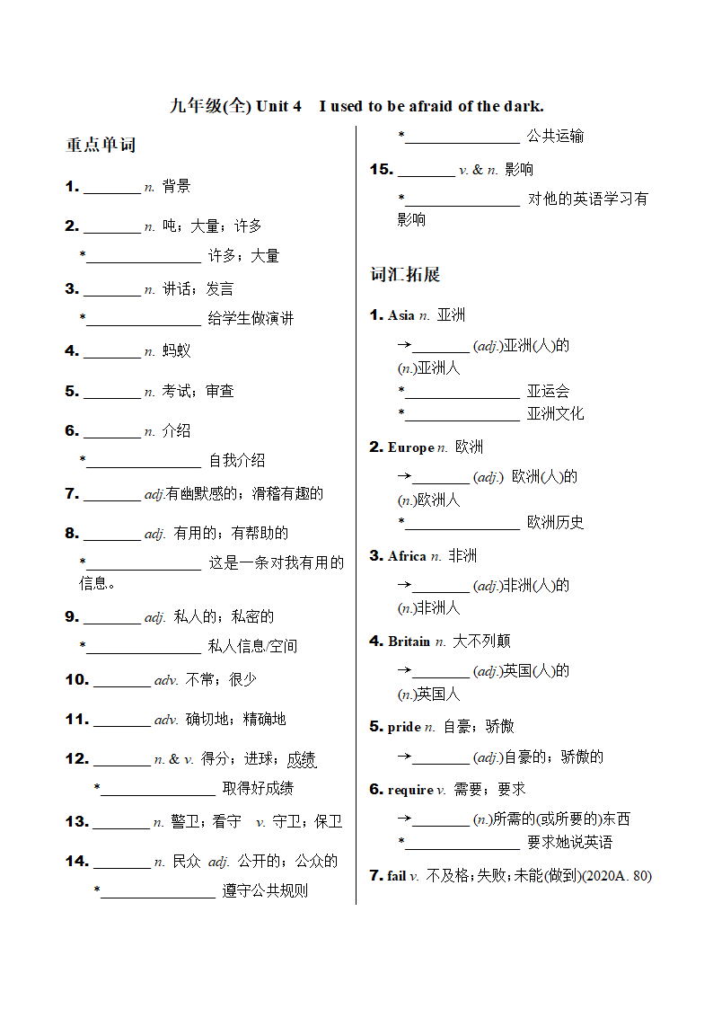 2023年重庆中考英语总复习九年级词汇默写练习unit4（无答案）.doc第1页