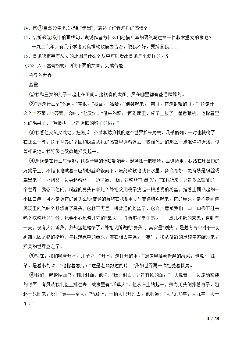 山东省淄博市高青县2020-2021学年六年级下学期语文期末考试卷.doc第5页