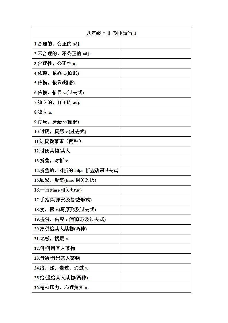 鲁教版(五四学制)八年级英语上册 _期中复习单词等默写表（Units 1-4）（无答案）.doc第1页