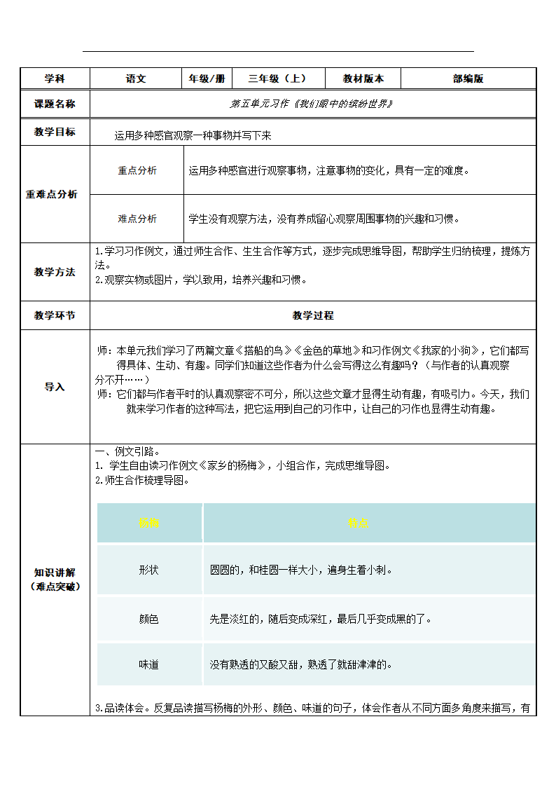 统编版三年级上册语文第五单元习作：我们眼中的缤纷世界 （表格式教案）.doc第1页