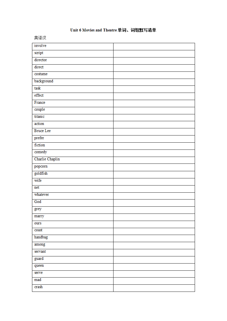 冀教版九年级上册 Unit 6 Movies and Theater 单词、词组默写清单（含答案，表格式）.doc第1页