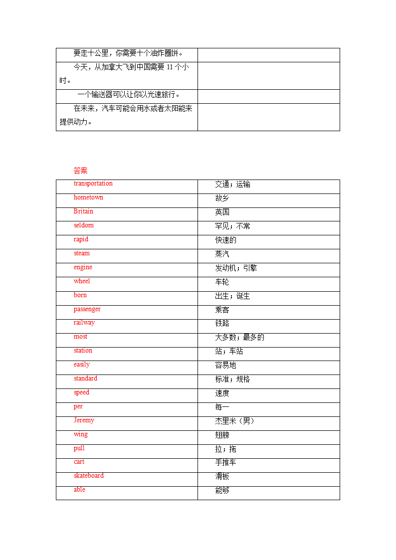 冀教版八年级上册 Unit 6 Go with Transportation! 单词、词组默写清单（含答案，表格式）.doc第6页