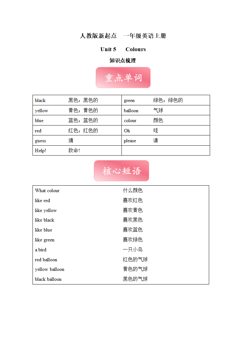 Unit 5 Colours 知识点梳理+同步练习（含答案）.doc第1页