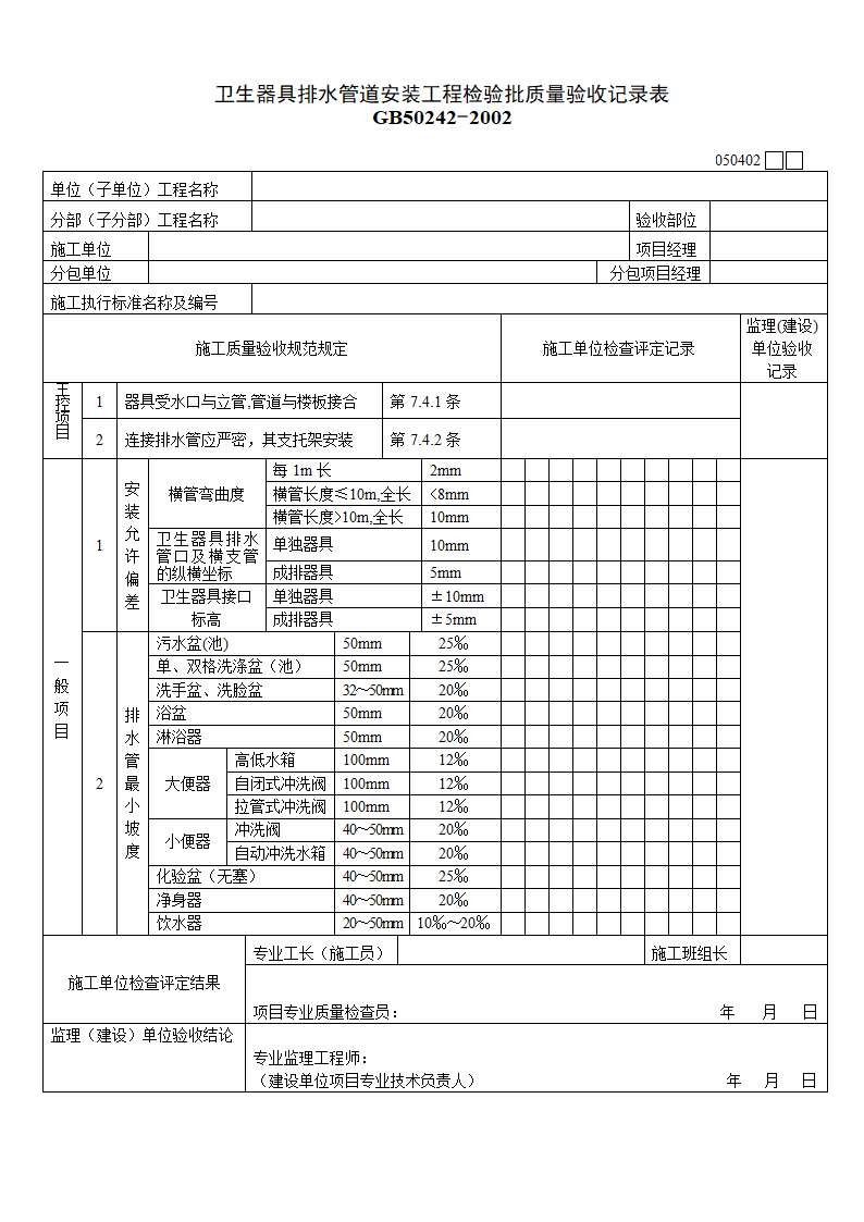 卫生器具排水管道安装工程检验批质量验收记录表资料.doc第1页