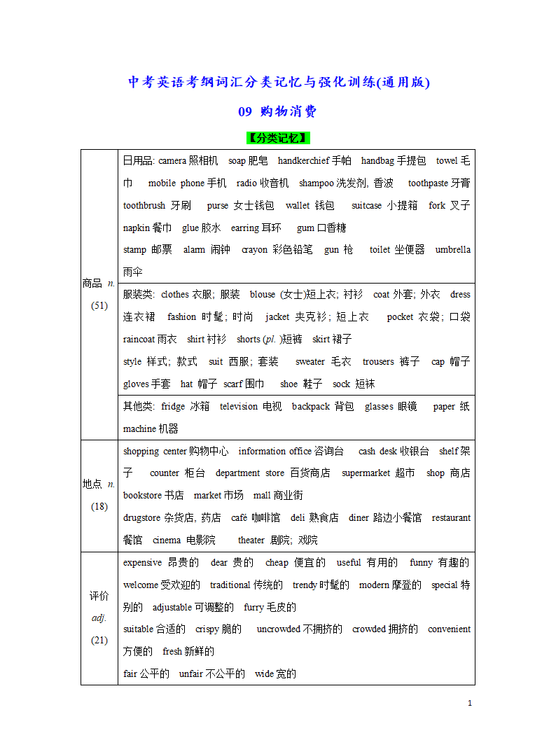 分类09 购物消费-2023年中考英语考纲词汇分类记忆与强化训练（含答案）.doc