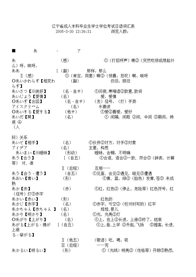 辽宁省成人本科毕业生学士学位考试日语词汇表第1页