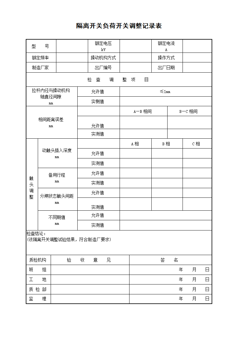 隔离开关负荷开关调整记录表-电气工程.docx第1页