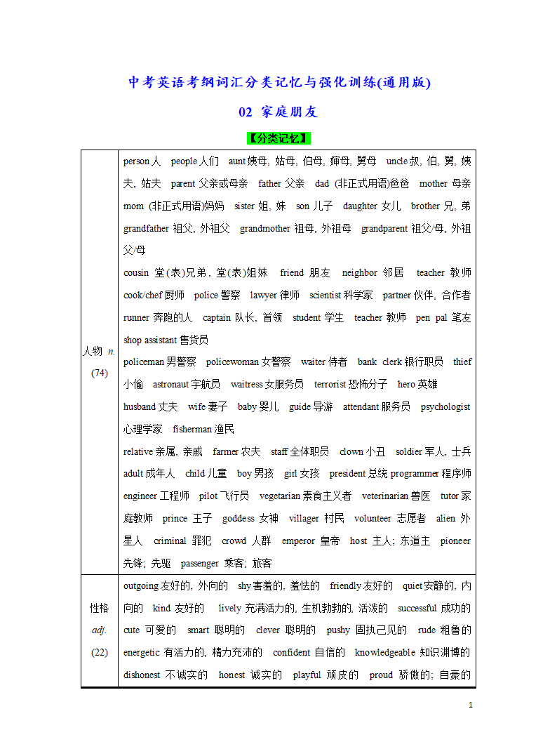 分类02 家庭朋友-2023年中考英语考纲词汇分类记忆与强化训练（含答案）.doc第1页