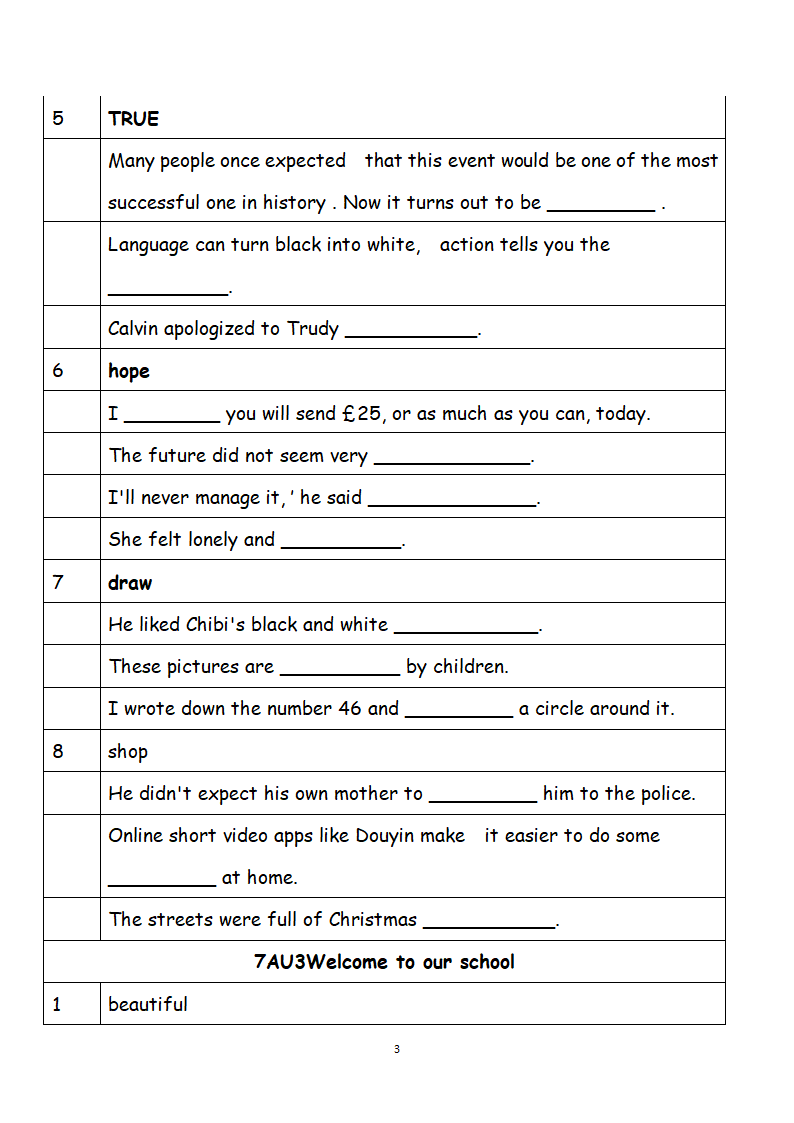 2021-2022学年牛津初中英语七年级上册单词适当填空专题练习（word版，含答案）.doc第3页