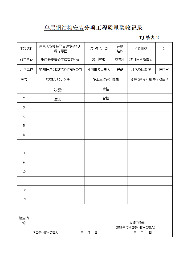 单层钢结构安装分项工程质量验收记录.doc第1页