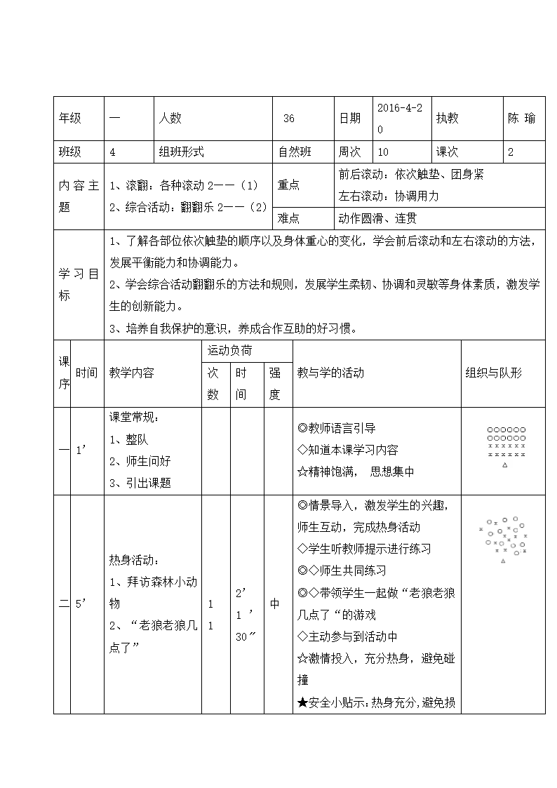 一年级体育各种滚动 教案  全国通用.doc