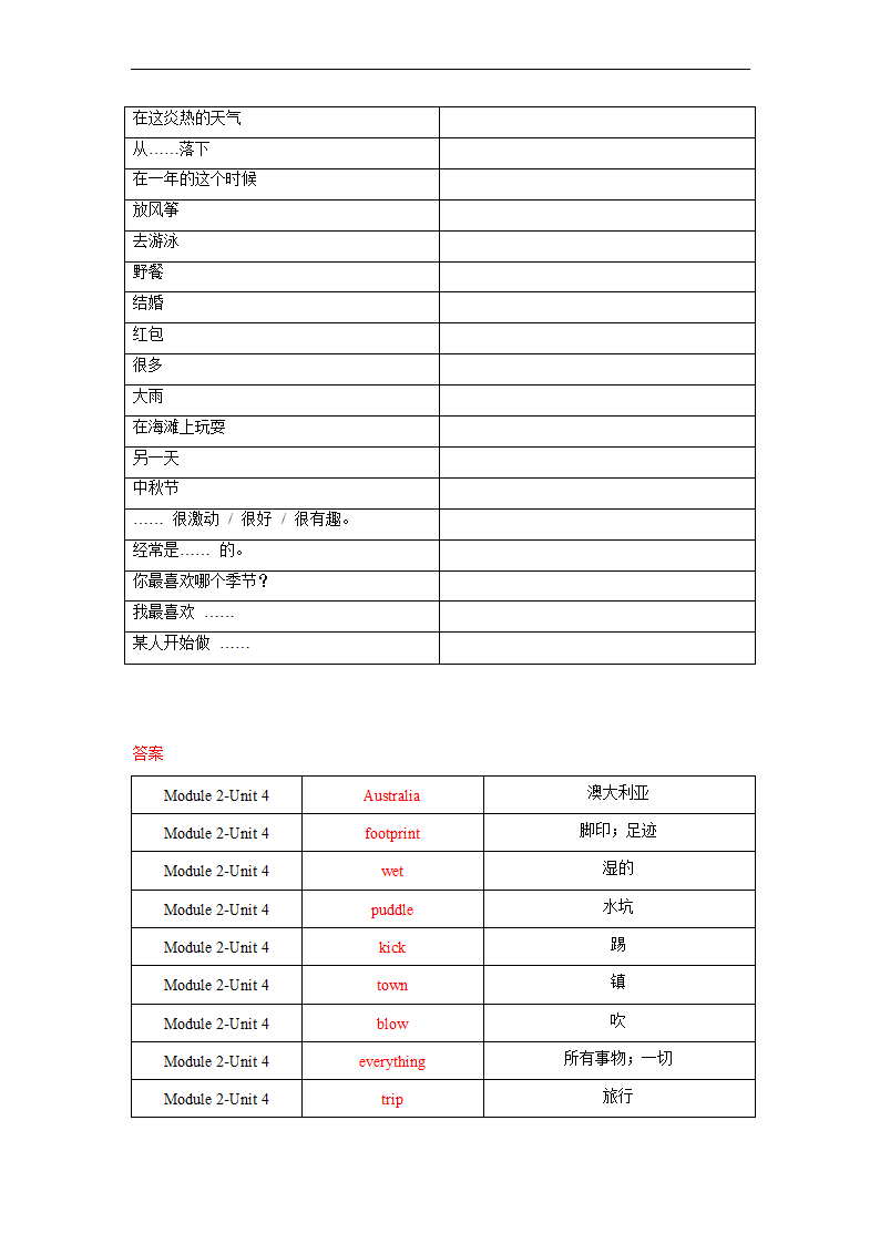 Module 2 Unit 4  Seasons 单词、词组默写清单 2022-2023学年牛津深圳版英语七年级上册（含答案）.doc第4页