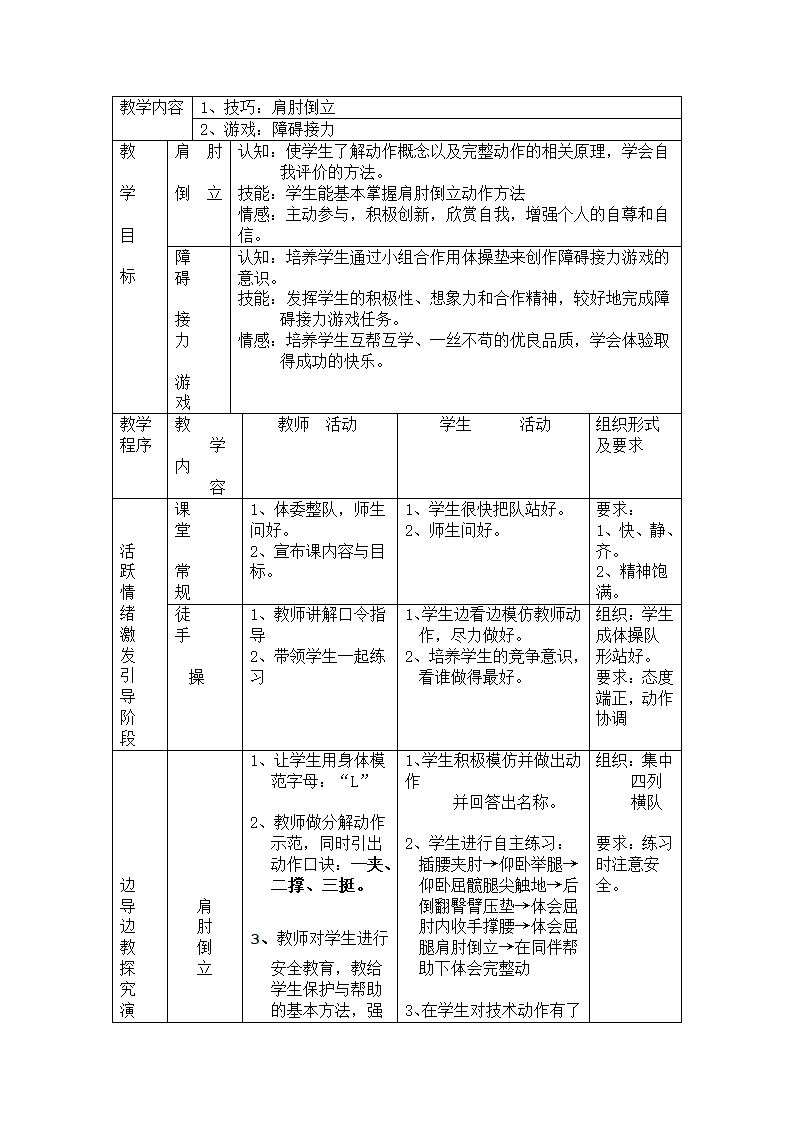 小学体育肩肘倒立 障碍接力教案  全国通用.doc