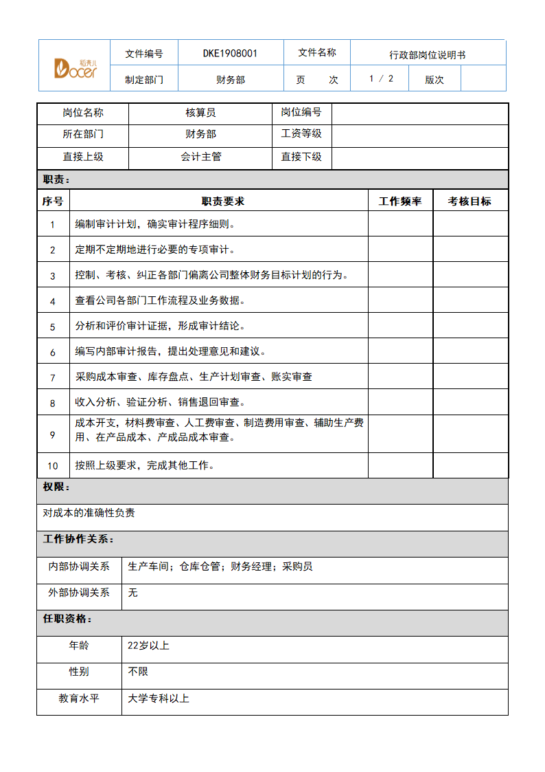 财务部岗位说明书-核算.docx第1页