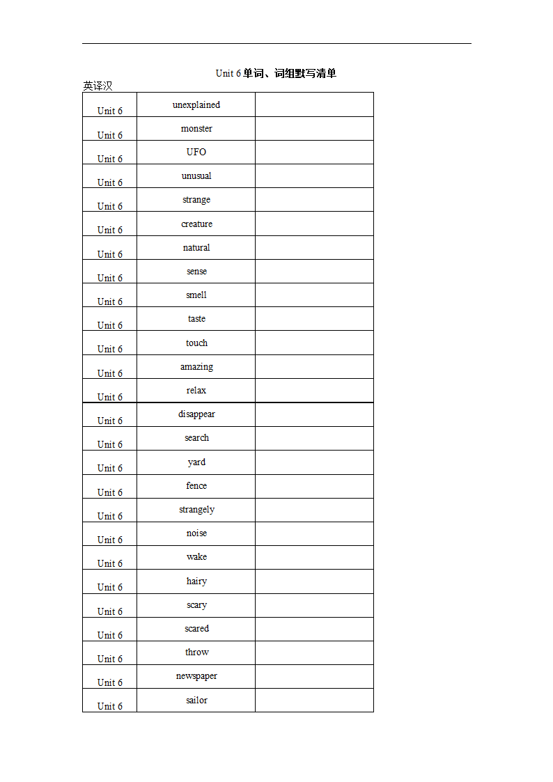 Unit 6 The Unexplained单词、词组默写清单 2022-2023学年北师大版八年级英语上册（含答案）.doc第1页