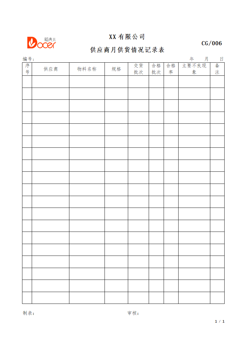 供应商月供货情况记录表.docx第1页