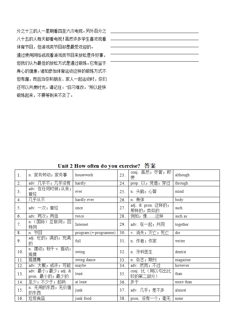 Unit 2 How often do you exercise？ 单词课文 默写卷 2022-2023学年人教版英语八年级上册（含答案）.doc第3页