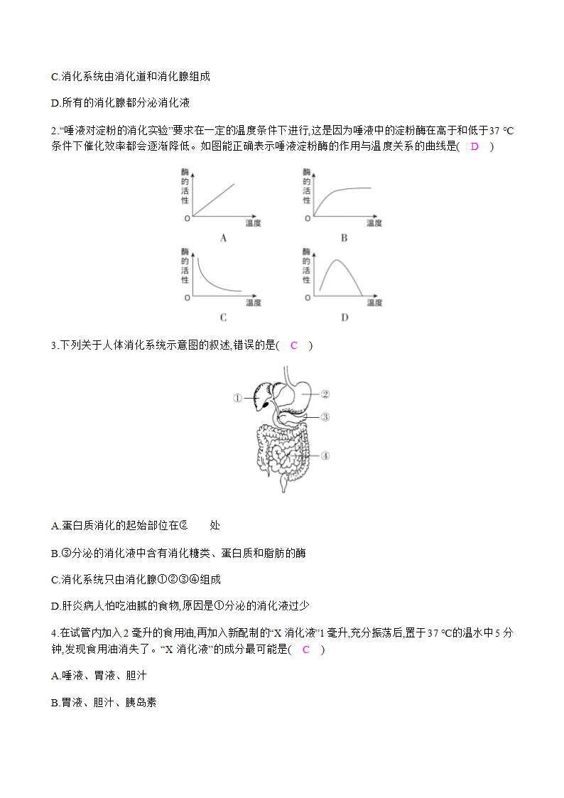 人教版七年级下册生物4.2.2 消化和吸收 第1课时 食物的消化 课时作业 （知识点+练习）.doc第4页