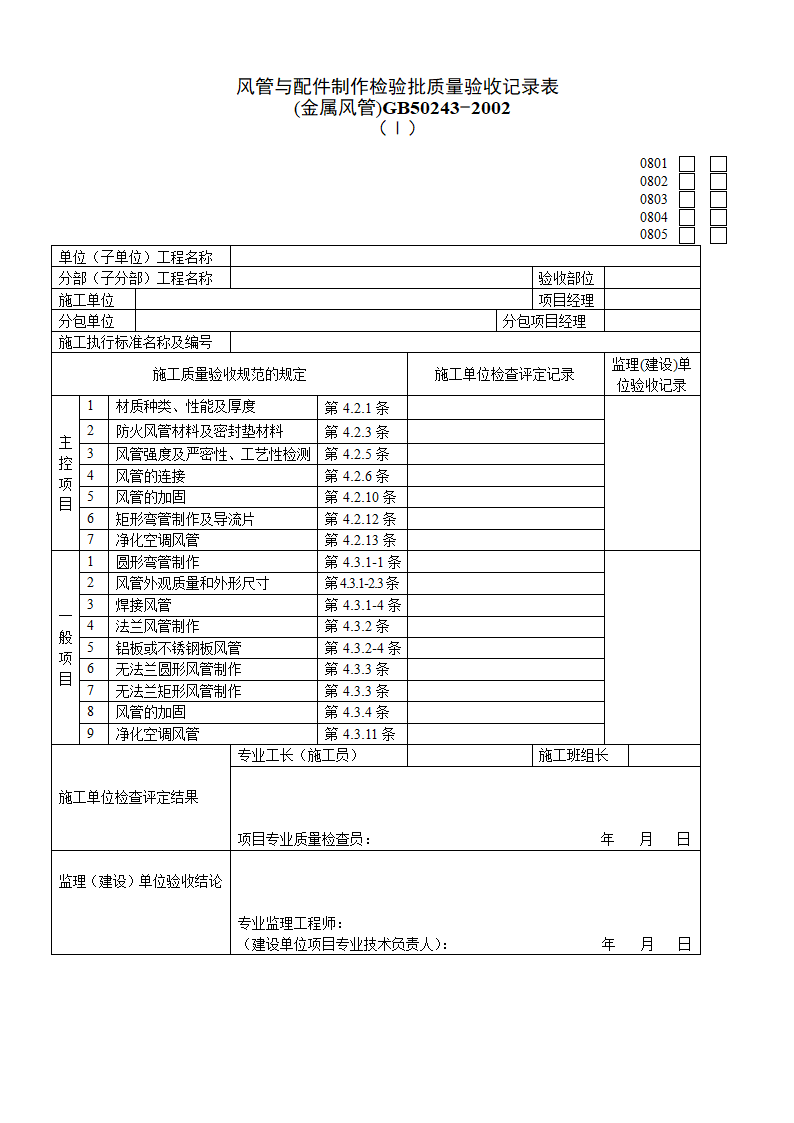 风管与配件制作检验批质量验收记录表金属风管一.doc第1页