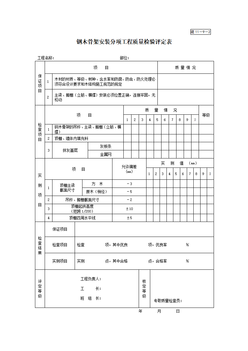 钢木骨架安装分项工程质量检验评定表11-9-2.doc第1页