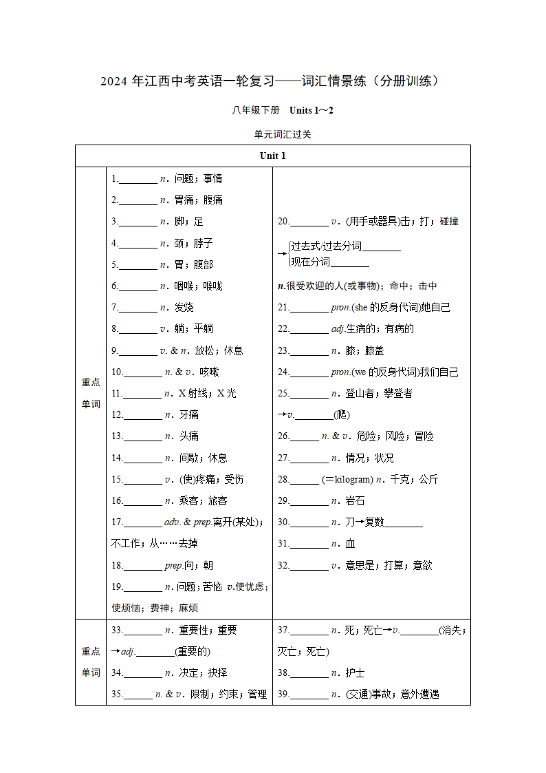 2024年江西中考英语一轮复习——词汇情景练（分册训练）-八年级下册（含答案）.doc第1页