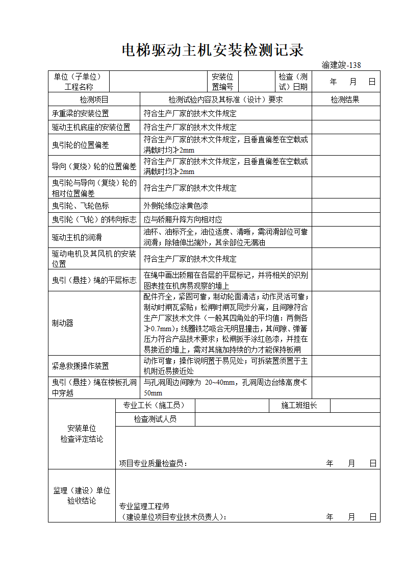 某单位电梯驱动主机安装检测记录.doc第1页