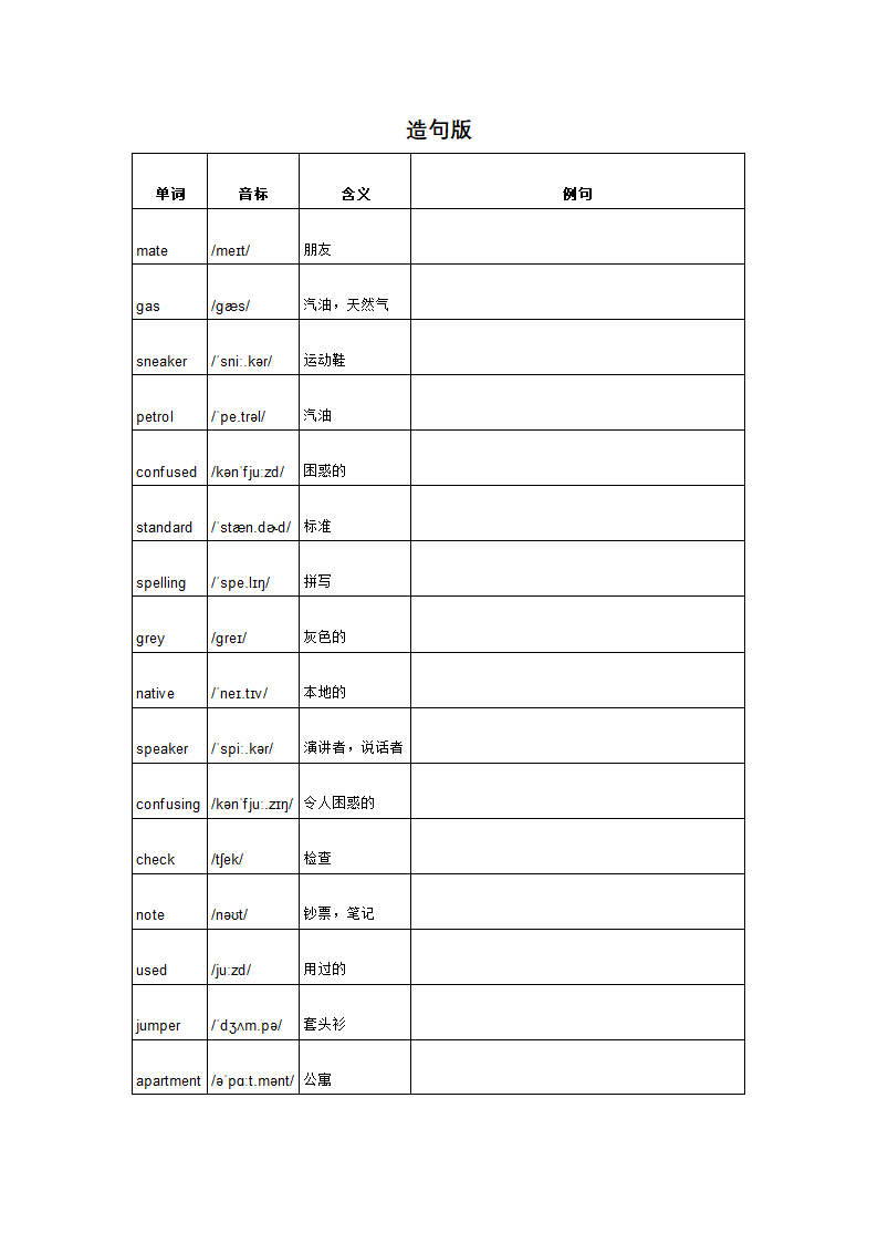 Unit 1 Lesson 2 Different Kinds of Language 单词背默音标写词造句应用同步练习 北师大版九年级英语全册（表格式）.doc第4页