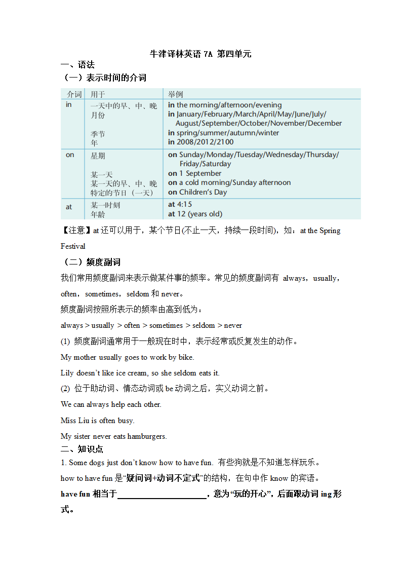 牛津译林版七年级英语上册 Unit 4 My day 知识点总结归纳.doc第1页