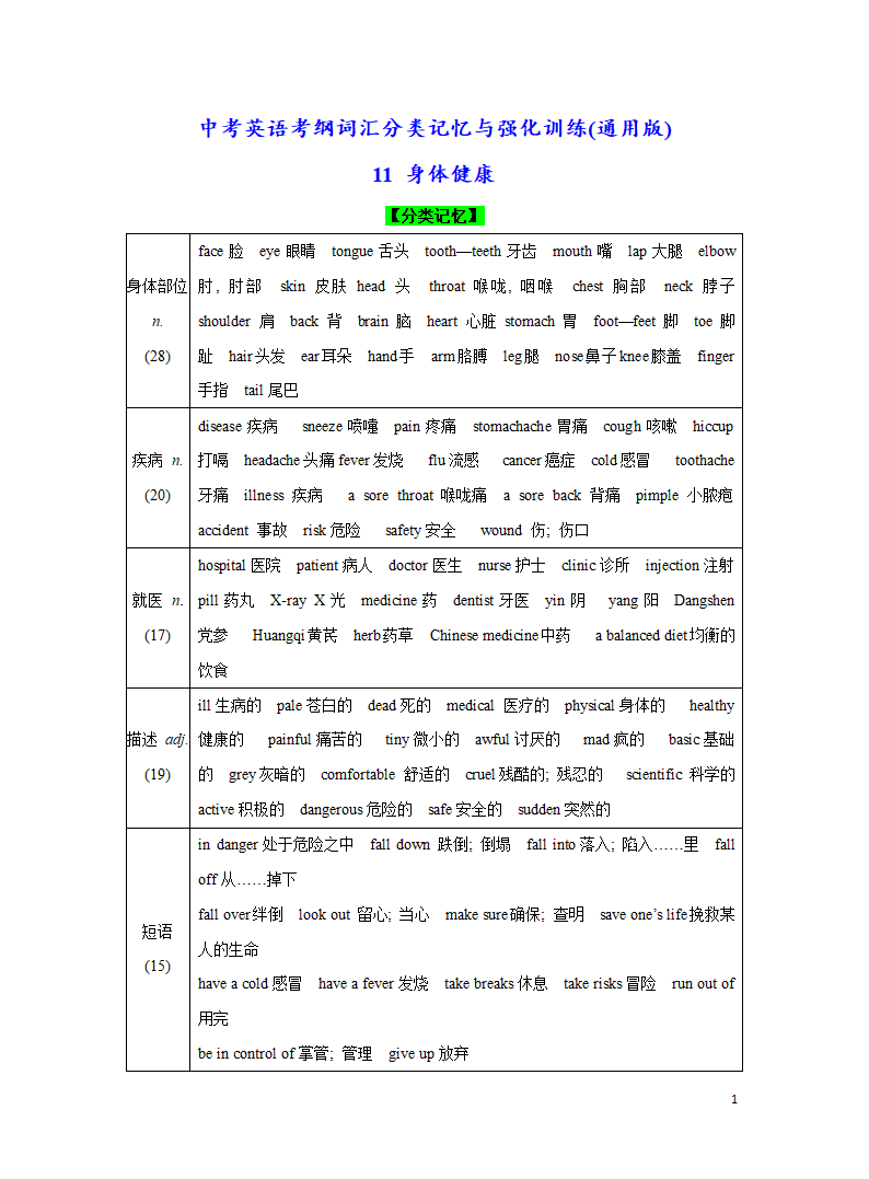 分类11 身体健康-2023年中考英语考纲词汇分类记忆与强化训练（含答案）.doc第1页