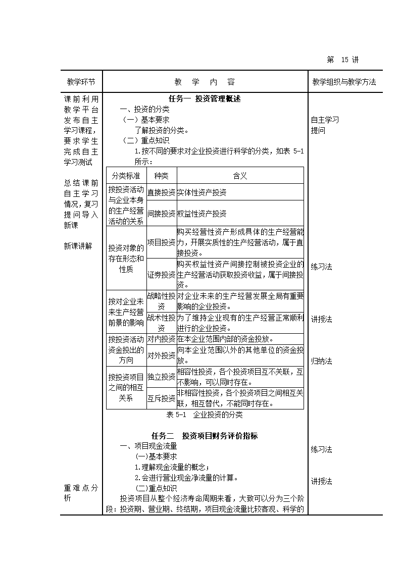 项目五投资管理 任务一 投资管理概述任务二  投资项目财务评价指标 表格式教案《财务管理》（高教版）.doc第2页