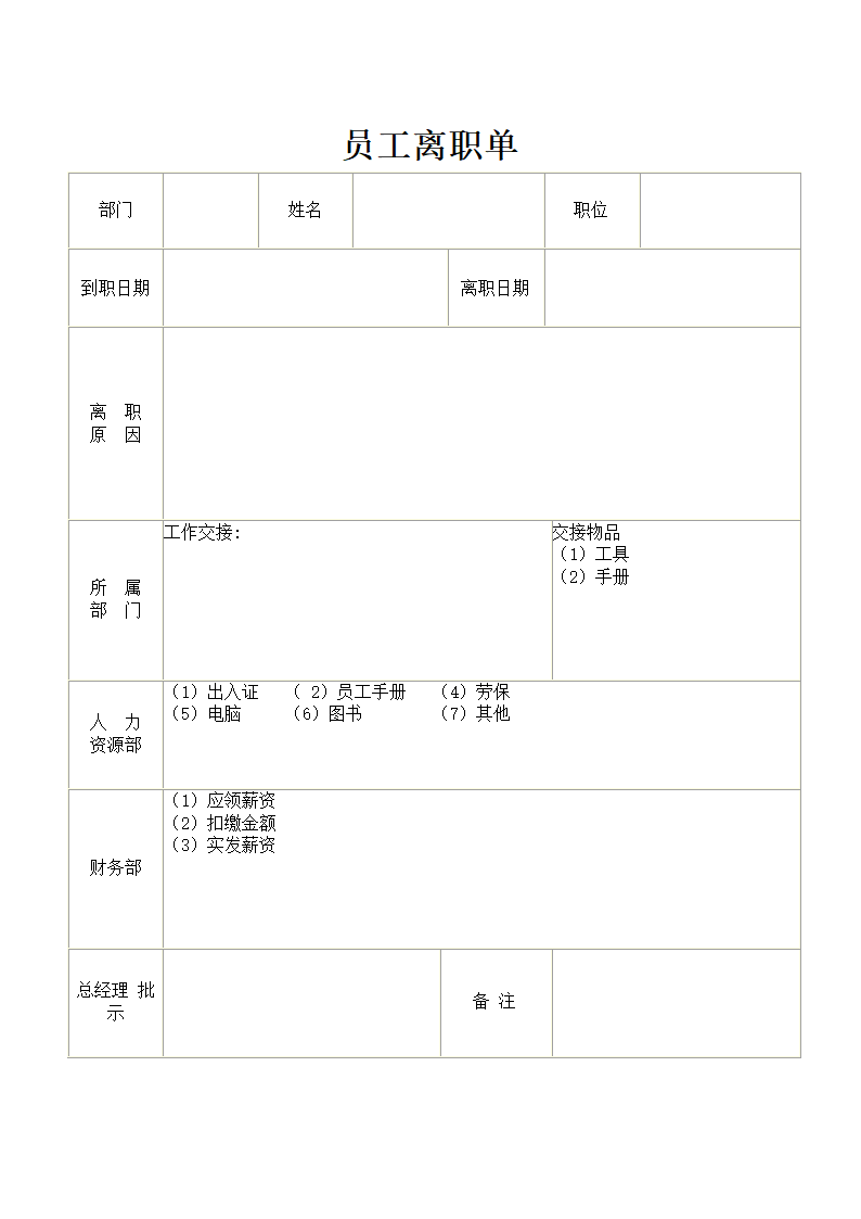 人事管理-员工离职单模板.doc第1页