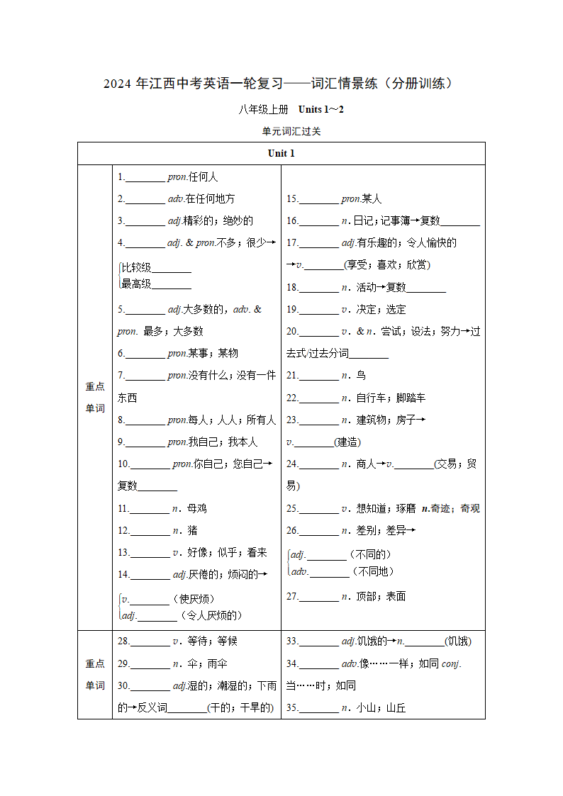 2024年江西中考英语一轮复习——词汇情景练（分册训练）-八年级上册（含答案）.doc第1页