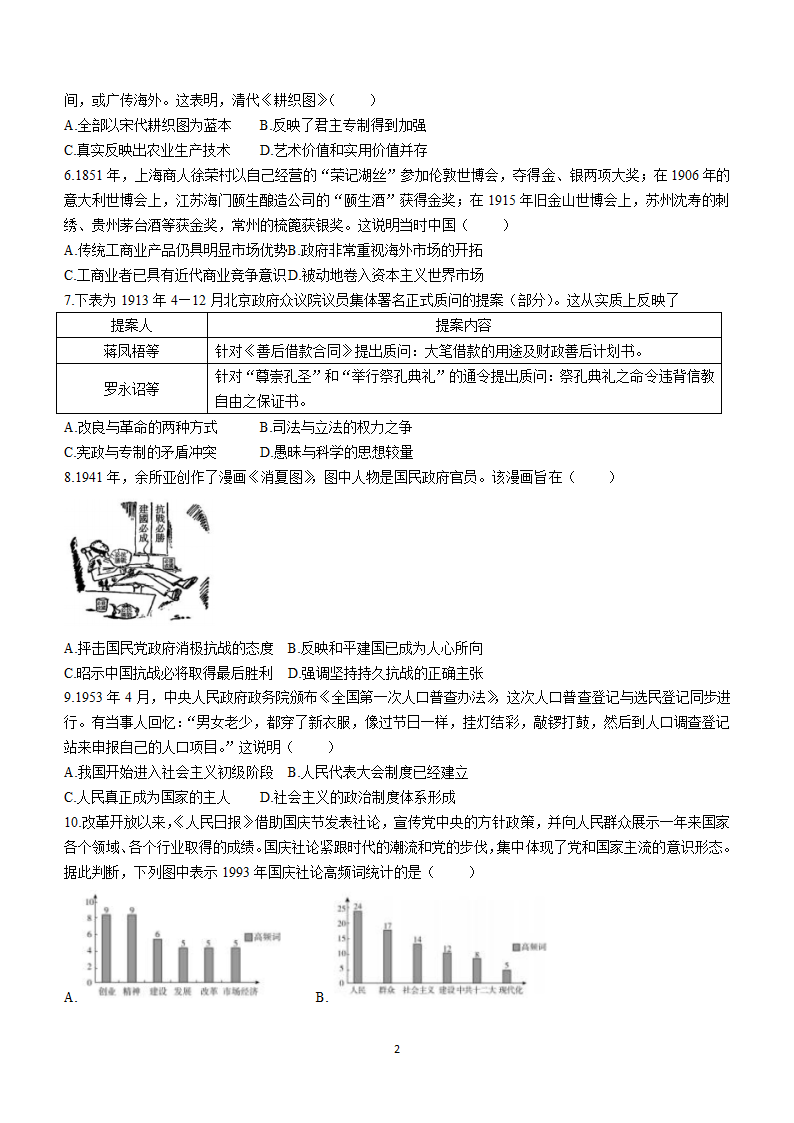 2024届云南省高三上学期高考适应性模拟考试历史试卷(无答案).doc第2页